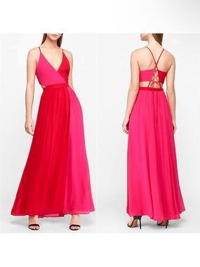 NWT Express Color Block Cut-Out Maxi Dress features red and pink  split design M